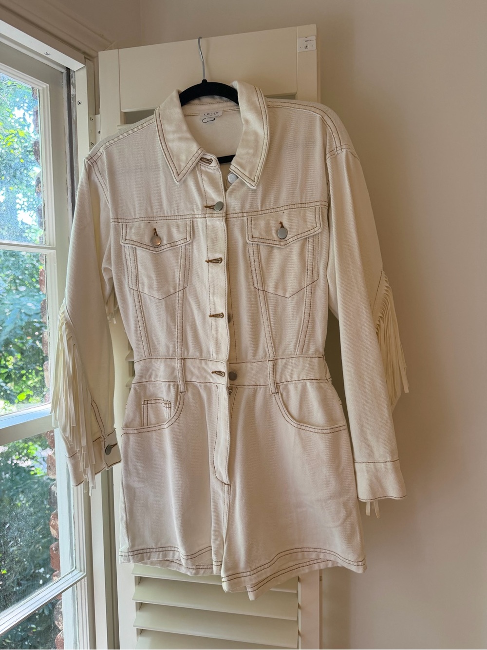 Women's Cream Fringe Denim Romper